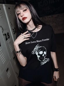 ROMWE Grunge Punk Áo thun nữ Lễ Các Thánh Slogan Giải trí - màu đen - Xem 3