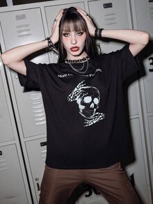 ROMWE Grunge Punk Áo thun nữ Lễ Các Thánh Slogan Giải trí - màu đen - Xem 5