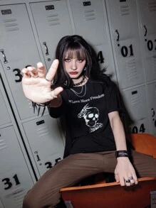 ROMWE Grunge Punk Áo thun nữ Lễ Các Thánh Slogan Giải trí - màu đen - Xem 6