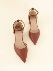 Tacones de plataforma con punta puntiaguda y correa de tobillo, Otoño/Invierno 2025. Zapatos de tacón alto con correa de tobillo de unicolor elegante marrón para mujer, elegantes - Marrón - Ver 4