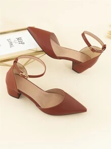 Tacones de plataforma con punta puntiaguda y correa de tobillo, Otoño/Invierno 2025. Zapatos de tacón alto con correa de tobillo de unicolor elegante marrón para mujer, elegantes - Marrón - Ver 6