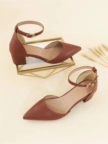 Tacones de plataforma con punta puntiaguda y correa de tobillo, Otoño/Invierno 2025. Zapatos de tacón alto con correa de tobillo de unicolor elegante marrón para mujer, elegantes - Marrón - Ver 7