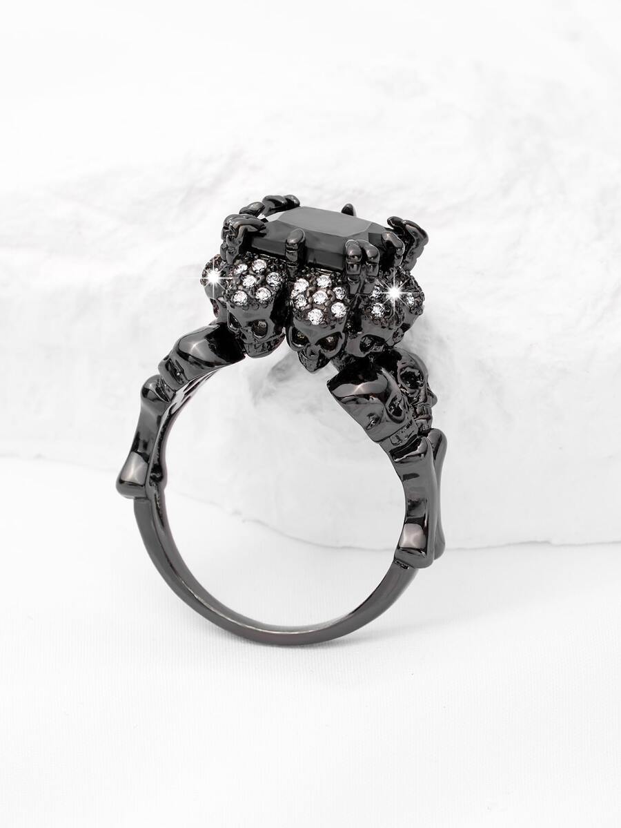 Rhinestone & Skull Decor Ring - Gun Black - View 1