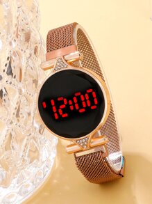 1入組磁性網眼帶圓形電子錶和1入組手環 - 玫瑰金 - 查看 2