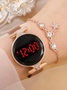 1入組磁性網眼帶圓形電子錶和1入組手環 - 玫瑰金 - 查看 4