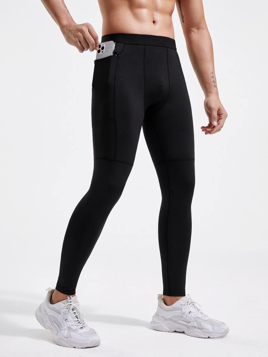 SHEIN Fitness Men Zipper Phone Pocket Sports Tights - Black - View 1
