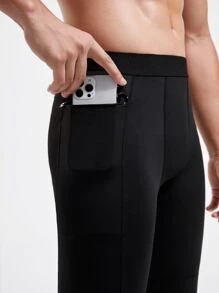 SHEIN Fitness Men Zipper Phone Pocket Sports Tights - Black - View 5