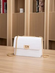 防水、輕盈、商務休閒迷你鱷魚壓花鏈條方形包適合青少年女大學生、菜鳥和白領，非常適合辦公室、大學、工作、商務、通勤 - 白色 - 查看 2