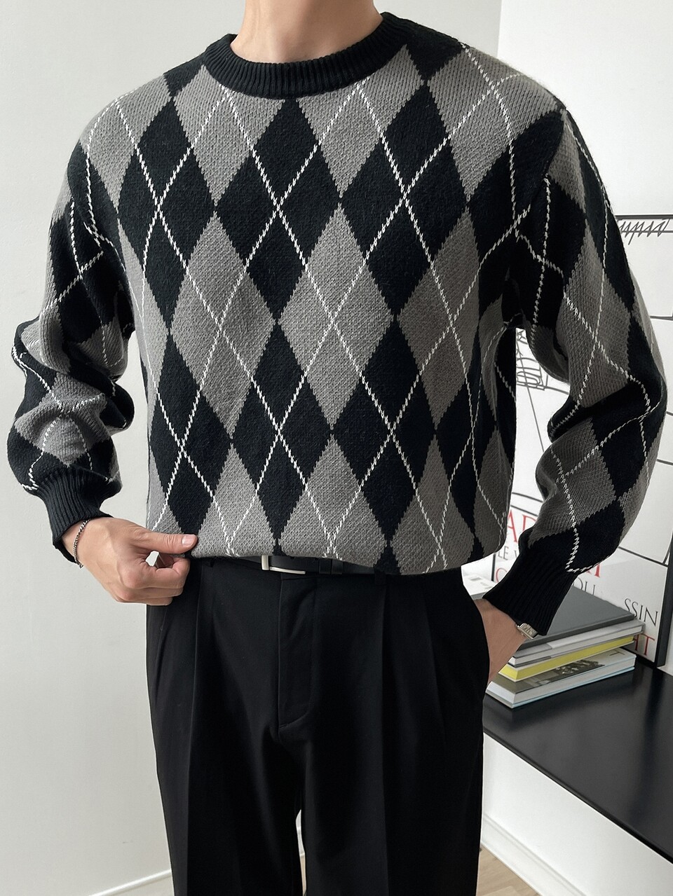 Men Argyle Pattern Sweater Business Attire