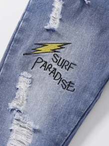 Young Boy Lightning & Letter Embroidery Ripped Tapered Jeans - Light Wash - View 4