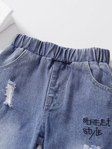 Young Boy Lightning & Letter Embroidery Ripped Tapered Jeans - Light Wash - View 5