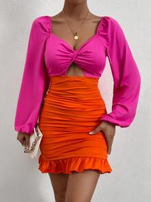 SHEIN Unity Vestido de dos tonos girante delantero con abertura bajo con fruncido - Multicolor - Ver 3