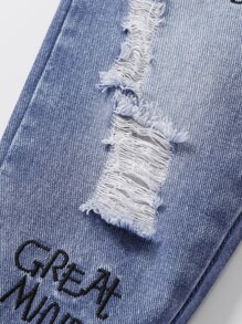 Young Boy Lightning & Letter Embroidery Ripped Tapered Jeans - Light Wash - View 6