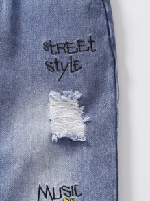 Young Boy Lightning & Letter Embroidery Ripped Tapered Jeans - Light Wash - View 8