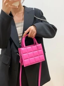 Mini bolso cruzado a cuadros, nuevo patrón de cuadros de unicolor y bolso informal multifuncional para mujer, bolso de hombro de ocio - Rosa Fucsia - Ver 2