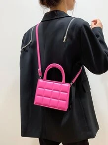 Mini bolso cruzado a cuadros, nuevo patrón de cuadros de unicolor y bolso informal multifuncional para mujer, bolso de hombro de ocio - Rosa Fucsia - Ver 7