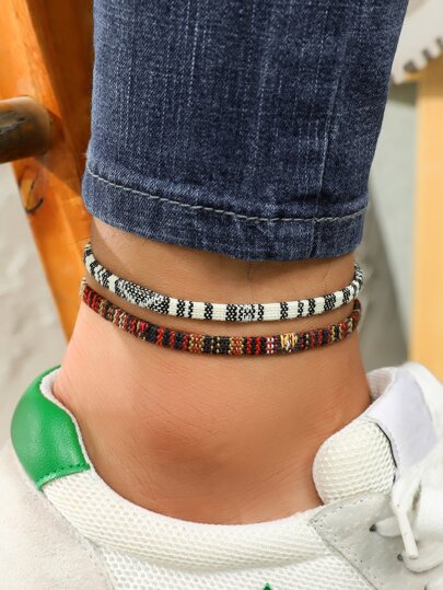 Fashionable and Popular 2pcs Men Color Block Braided Anklet for Jewelry Gift and for a Stylish Look