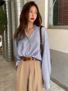 DAZY Button Up Drop Shoulder Shirt,Fall Clothes - Dusty Blue - View 3
