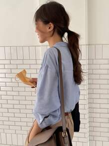 DAZY Button Up Drop Shoulder Shirt,Fall Clothes - Dusty Blue - View 9