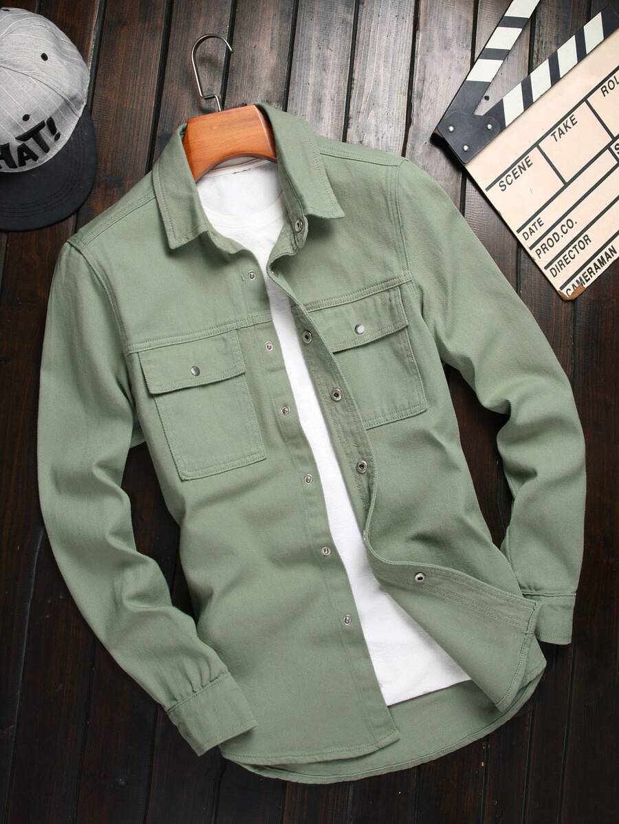 Manfinity Homme Men Cotton Flap Pocket Denim Shirt Without Tee - Mint Green - View 1
