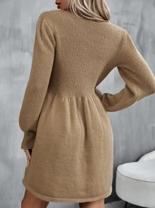 SHEIN Unity Ribbed Knit Lantern Sleeve Jumper Dress - Apricot - View 2