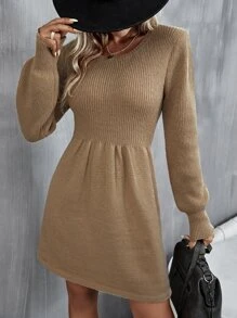 SHEIN Unity Ribbed Knit Lantern Sleeve Jumper Dress - Apricot - View 3