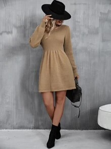 SHEIN Unity Ribbed Knit Lantern Sleeve Jumper Dress - Apricot - View 5