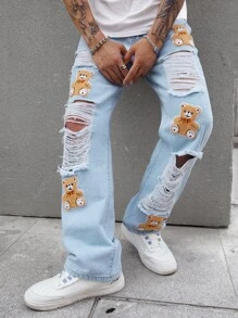 Manfinity EMRG Nam Bông Bản vá Gấu Rách Frayed Quần legging thẳng - Rửa nhẹ - Xem 3