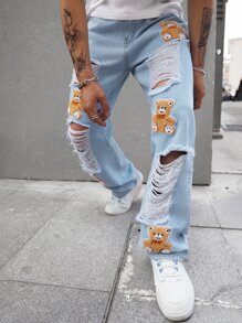 Manfinity EMRG Nam Bông Bản vá Gấu Rách Frayed Quần legging thẳng - Rửa nhẹ - Xem 4