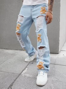 Manfinity EMRG Nam Bông Bản vá Gấu Rách Frayed Quần legging thẳng - Rửa nhẹ - Xem 5