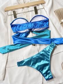 SHEIN Swim Summer Beach Two Tone Bikini Set O-Ring Detail Bandeau Wireless Bra Top & Cheeky Bikini Bottom 2 Piece Bathing Suit - Blue - View 2