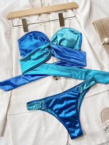 SHEIN Swim Summer Beach Two Tone Bikini Set O-Ring Detail Bandeau Wireless Bra Top & Cheeky Bikini Bottom 2 Piece Bathing Suit - Blue - View 4