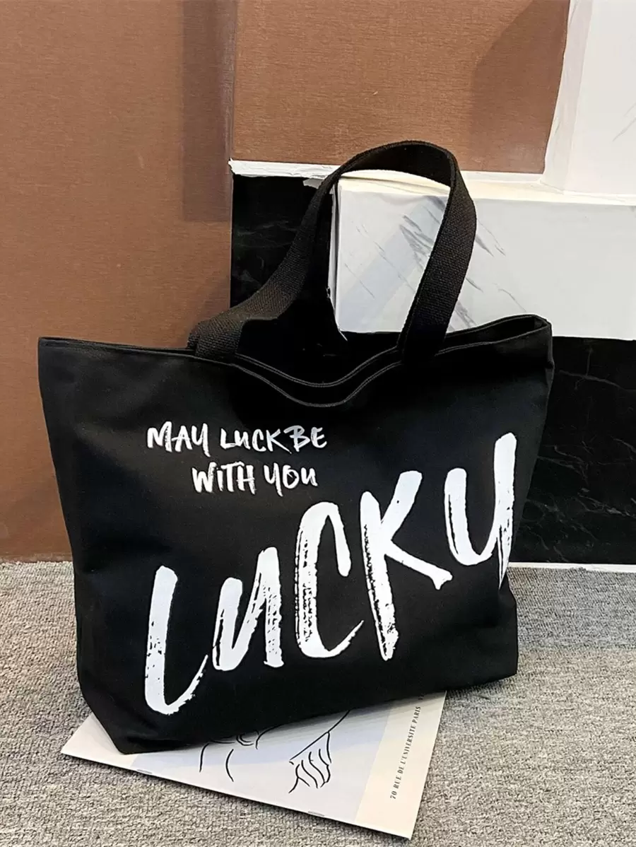 Letter Large Capacity Slogan Graphic Shopper Bag - Black - View 1