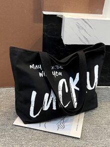 Letter Large Capacity Slogan Graphic Shopper Bag - Black - View 2