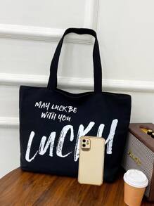 Letter Large Capacity Slogan Graphic Shopper Bag - Black - View 5