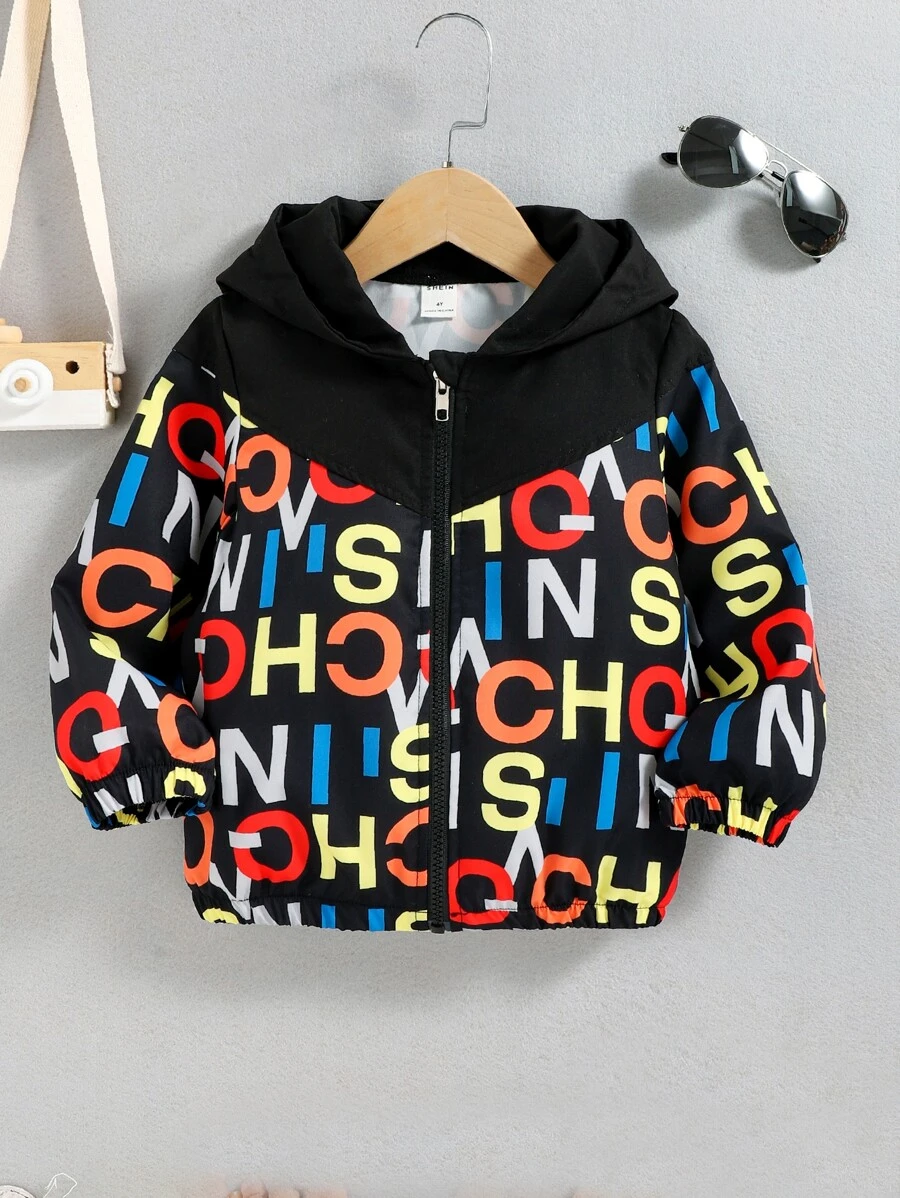 小男童字母圖案連帽夾克 - 黑色 - 查看 1