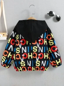 小男童字母圖案連帽夾克 - 黑色 - 查看 2