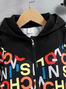 小男童字母圖案連帽夾克 - 黑色 - 查看 3