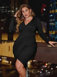 SHEIN SXY Plus Surplice Neck Tulip Hem Bodycon Dress - Black - View 1