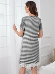 SHEIN Trang phục thư giãn Bà bầu Tương phản ren Túi Nút phía trước Sọc Giải trí - Xám - Xem 2