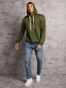 Manfinity Sudadera Con Capucha Y Cordón Sólido De Ajuste Holgado Para Hombres - Verde militar - Ver 4