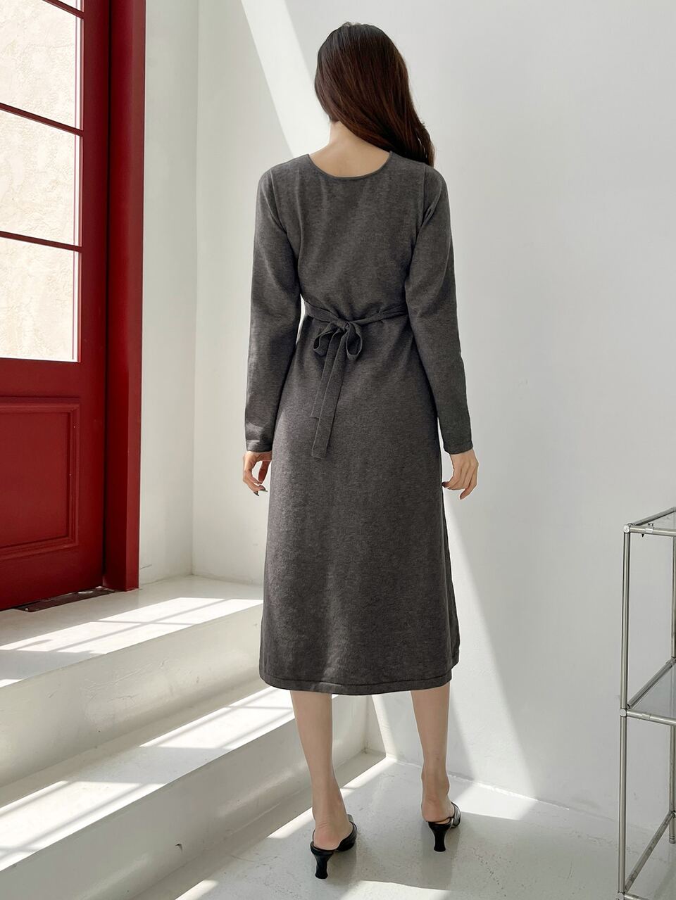 Ruched V Neck Sweater Dress