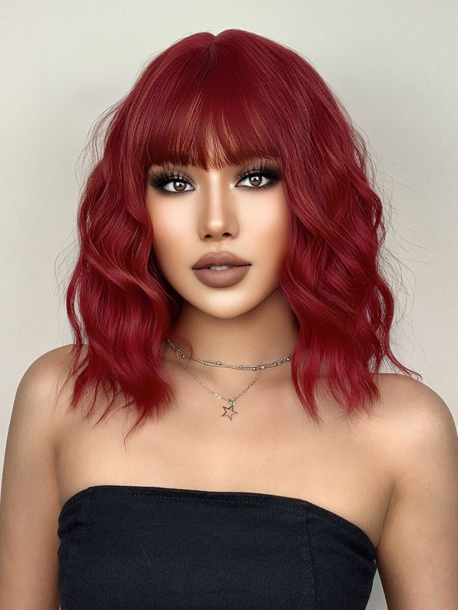 自然短卷人造假髮帶劉海 - 酒紅色 - 查看 1