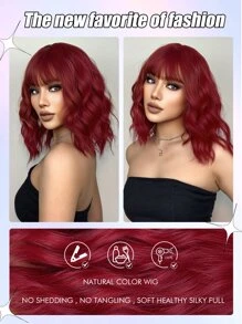 自然短卷人造假髮帶劉海 - 酒紅色 - 查看 4