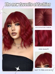 自然短卷人造假髮帶劉海 - 酒紅色 - 查看 5