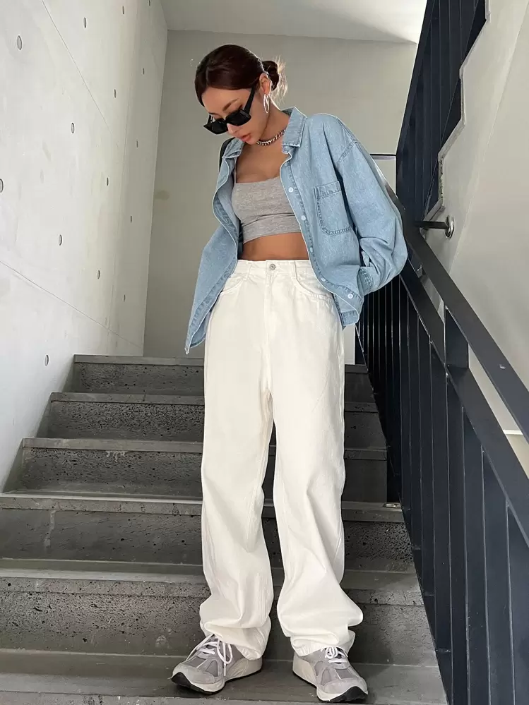 落肩口袋贴布牛仔外套 Y2K，返校服，牛仔夹克，秋季女装 - 淺色水洗藍 - 查看 5