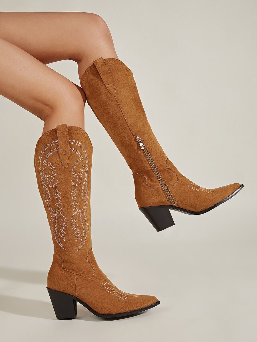 Suedette Leaf Embroidered Zipper Side Point Toe Chunky Heeled Western Boots - Brown - View 1