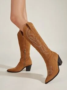Suedette Leaf Embroidered Zipper Side Point Toe Chunky Heeled Western Boots - Brown - View 2