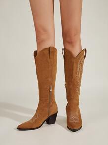 Suedette Leaf Embroidered Zipper Side Point Toe Chunky Heeled Western Boots - Brown - View 3