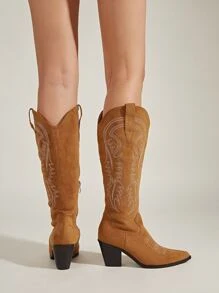 Suedette Leaf Embroidered Zipper Side Point Toe Chunky Heeled Western Boots - Brown - View 4
